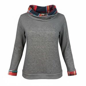 Eloges Gray Cowl Neck Sweater with Red Plaid Accents